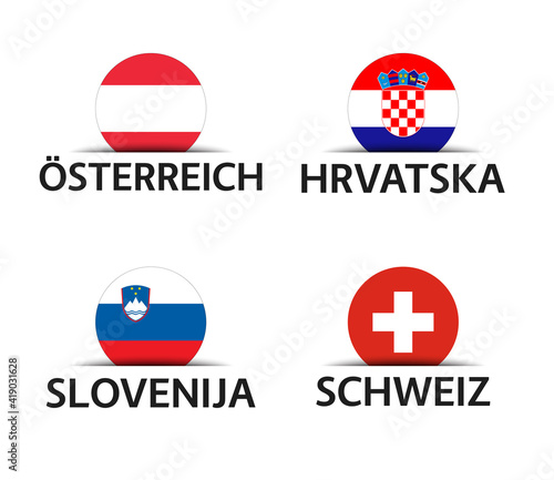 Free Download Austria, Croatia, Slovenia and Switzerland. Set of four Austrian, Croatian, Slovenian and Swiss stickers. Simple icons with flags isolated on a white background - GFXLoad