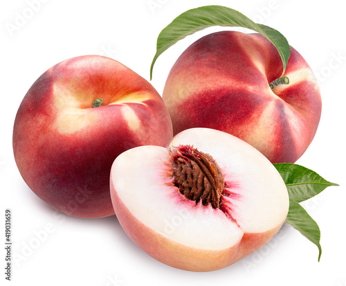 Peach fruit with leaf isolated on white background, Fresh Peach on White Background With clipping path, 