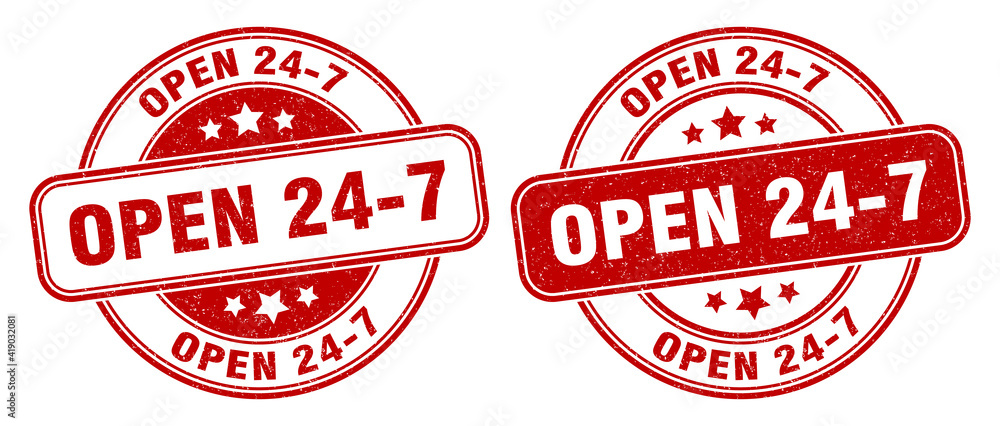 open 24 7 stamp. open 24 7 label. round grunge sign open 24 7 stamp. open 24 7 label. round grunge sign