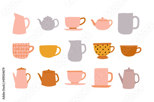 Hand drawn tea ceremony cute colorful vintage kettle teapot and cups or ceramic mugs with tea, coffee, milk doodle vector elements illustration set. Cute ceramic drinkware or glassware.