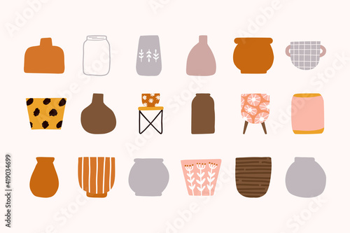 Bohemian ceramic garden flower pots containers porcelain vase jug jar antique pottery cups of different types boho modern scandinavian style. Hand drawn vector elements interior design illustration.