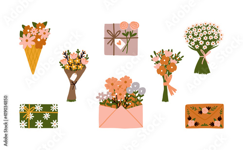 Floral Happy women's day March 8 spring holiday ice cone, Bouquet, Bunch of daisy, Wild garden blooming flowers, envelope, wedding gift, plants stems and leaves cute cards posters element illustration