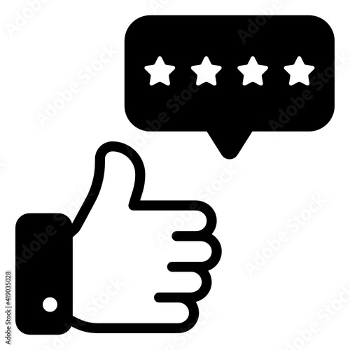 Hand and stars denoting reviews in solid icon 