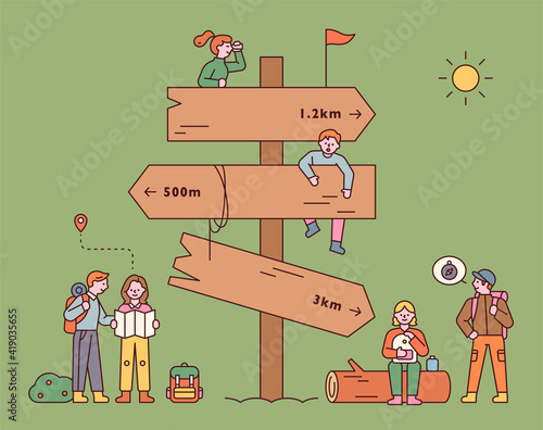 A huge milestone with backpackers. People are finding their way around the signpost and taking a break. flat design style minimal vector illustration.