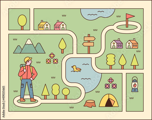 Directions game illustration. A man is standing on the map and looking for his target point. flat design style minimal vector illustration.
