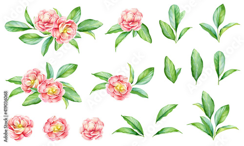 Floral collection with watercolor green leaves and red flowers