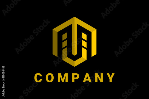 Hexagon vector logo for real estate, building construction and general business with home or skyscrapers and shields illustration in golden color forming initial  "M" or "MV" or "MU" dark background.