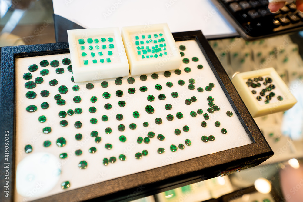 Fototapeta premium presentation of trapiche emeralds in a store, Bogota, Colombia