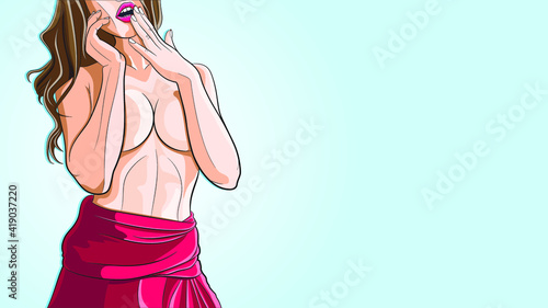 A sexy girl in a red dress with a big bust. A half-naked girl raised her hand to her mouth, finding herself in an embarrassing situation. Vector image.