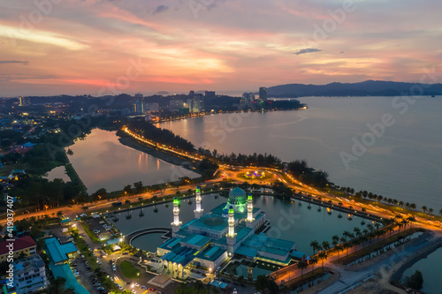 Aerial view of Kota Kinabalu City Floating Mosque, Sabah Borneo East Malaysia