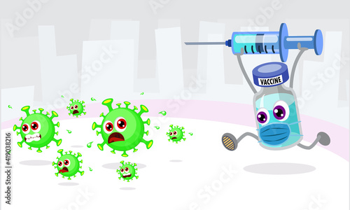 A cartoon cute vaccine bottle is chasing a bunch of corona viruses