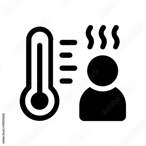 Sick person with fever, thermometer with high temperature, covid-19 virus symptom vector icon