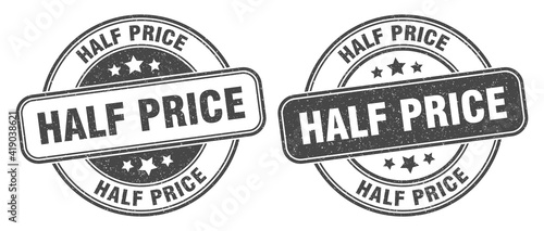 half price stamp. half price label. round grunge sign
