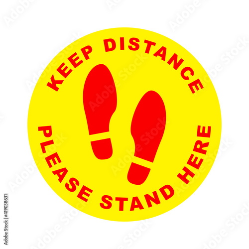 Footprint floor sticker, keep distance waiting in line, stand here sign, foot steps in circle stamp, queue order safety, coronavirus or Covid-19 prevention, social distance symbol, vector illustration