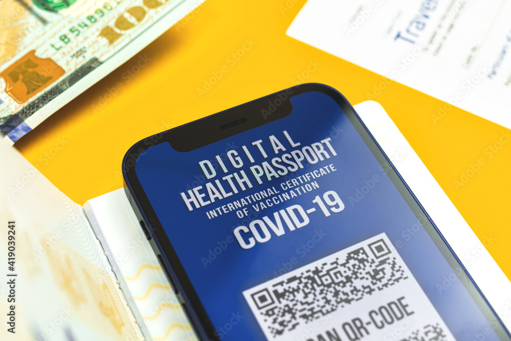 Health passport app in mobile phone, new international document for crossing borders Health passport app in mobile phone, new international document for crossing borders