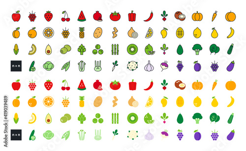 Fototapeta Naklejka Na Ścianę i Meble -  Set of vector linear flat color icons. Vegetables, fruits and berries. Contour, shape, outline isolated on white. Thin line. Modern design. Healthy food and vitamins