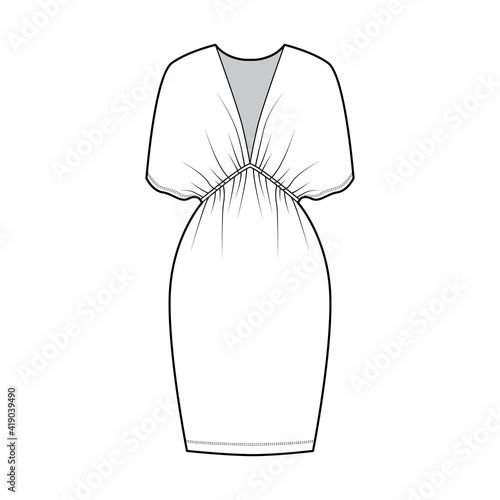 Kaftan dress technical fashion illustration with deep V-neck, batwing sleeves, oversized, knee length, pencil cut. Flat apparel template front, white color style. Women, men unisex CAD mockup
