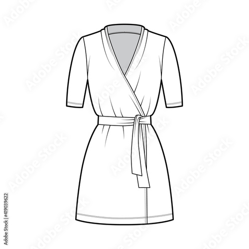 Wrap dress technical fashion illustration with deep V-neck, short sleeves, oversized, mini length, pencil cut, tie. Flat apparel template front, white color style. Women, men unisex CAD mockup