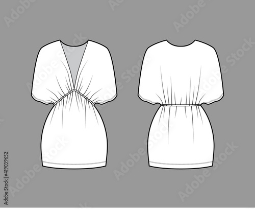 Kaftan dress technical fashion illustration with deep V-neck, batwing sleeves, oversized, mini length, pencil cut. Flat apparel template front, back, white color style. Women, unisex CAD mockup