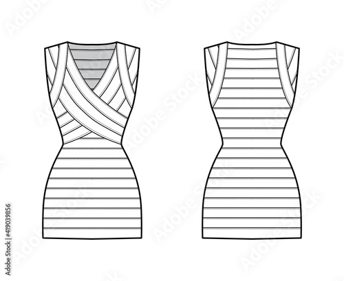 Bandage dress technical fashion illustration with V-neck, sleeveless, fitted body, elasticated, mini length, pencil cut. Flat apparel template front, back, white color style. Women, unisex CAD mockup