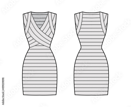 Bandage dress technical fashion illustration with V-neck, sleeveless, fitted body, elasticated, knee length, pencil cut. Flat apparel template front, back grey color style. Women men unisex CAD mockup