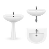 Collection of realistic white luxury sink with faucet for bathroom and restroom vector illustration