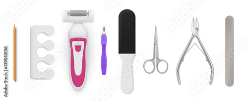 Collection of colorful realistic equipment for manicure and pedicure hands and legs nails skin care