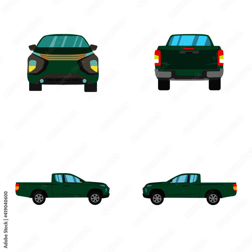 set of green smart cab pick up truck on white background