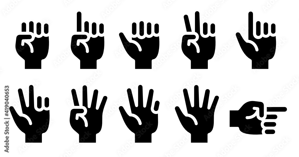 Fototapeta premium Finger counting one to five, hand gesture isolated on white background solid vector icon