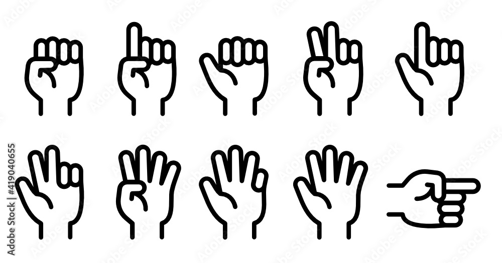 Finger counting one to five, hand gesture isolated on white background line vector icon Finger counting one to five, hand gesture isolated on white background line vector icon