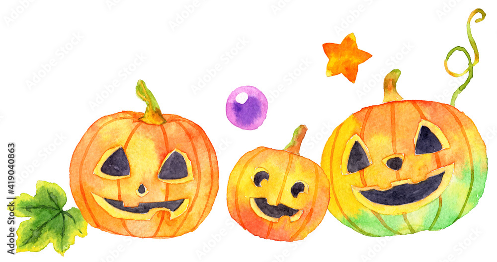 ハロウィンのカボチャ 横並び3つ 水彩 ハロウィンのカボチャ 横並び3つ 水彩