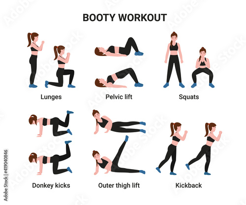 Set Booty or glutes workout without equipment. Stay home and do sport. Flat cartoon modern illustration.