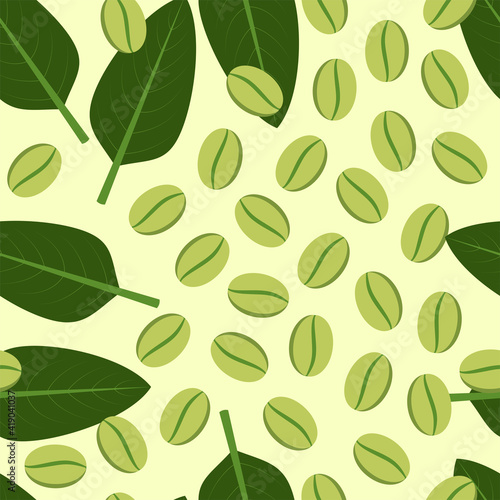Green coffee grains with leaves seamless pattern