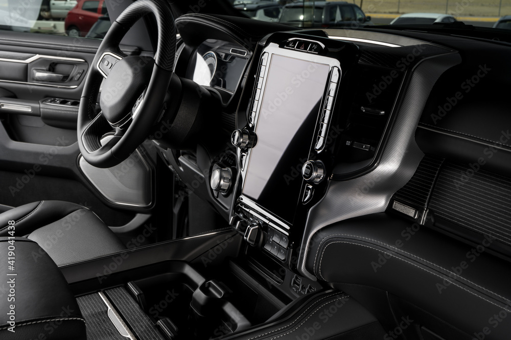 luxurious truck interior, steering wheel, leather seats and touchscreen display luxurious truck interior, steering wheel, leather seats and touchscreen display