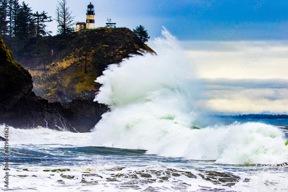 Large Wave Crashes Onshore at Cape Disappointment Lighthouse