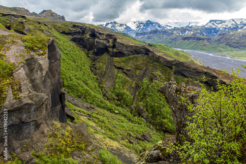 View into the valley of Thorsmoerk, Fimmvorduhals hiking trail, Iceland