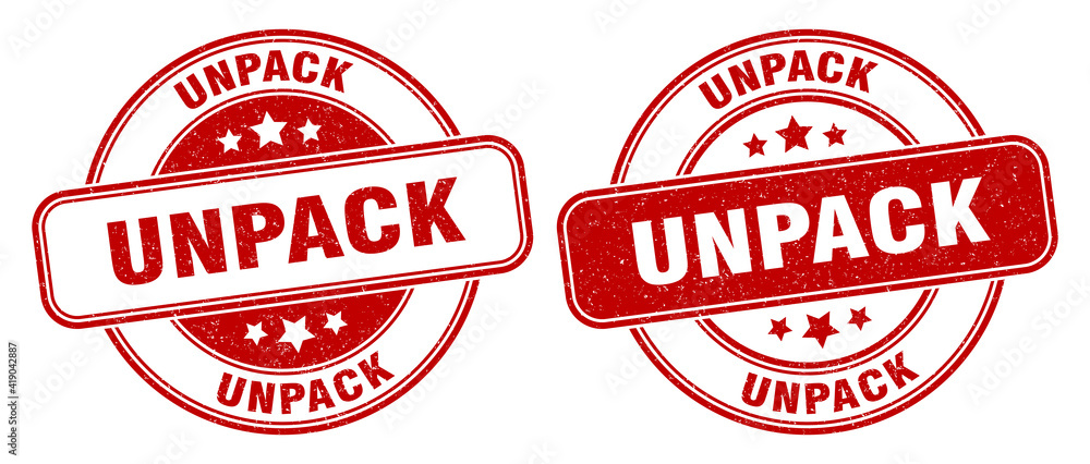 Εκτύπωση καμβά unpack stamp. unpack label. round grunge sign