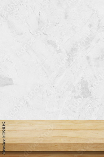Vertical brown wood table and white cement wall background in kitchen, Wooden shelf, counter for food and product display in room background, Wood table top, desk surface banner, mockup, template