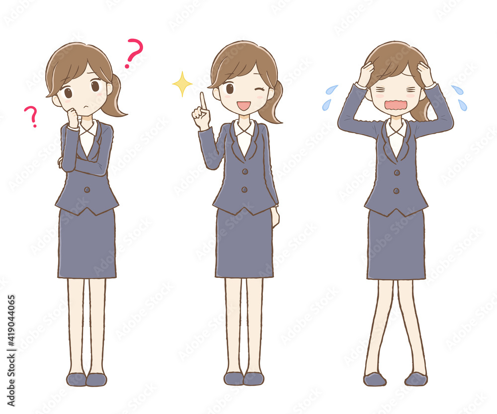 スーツを着た女性 疑問 指さし 頭を抱える スーツを着た女性 疑問 指さし 頭を抱える