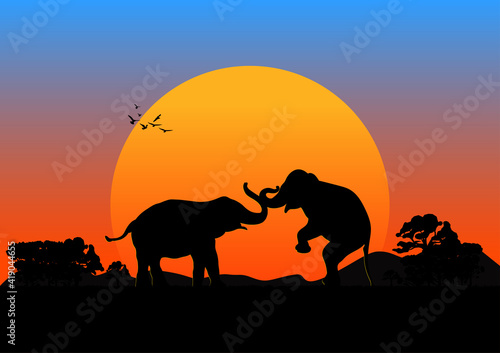silhouette image Black elephant at the forest with mountain and sunset background Evening light vector Illustration