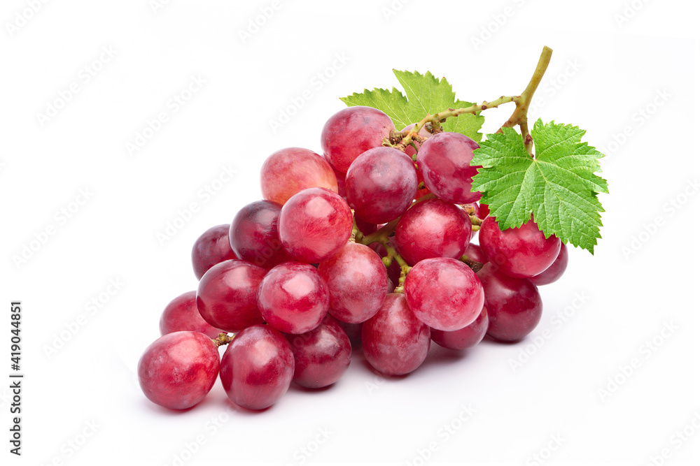 Red grape with leaves isolated on white background. Red grape with leaves isolated on white background.
