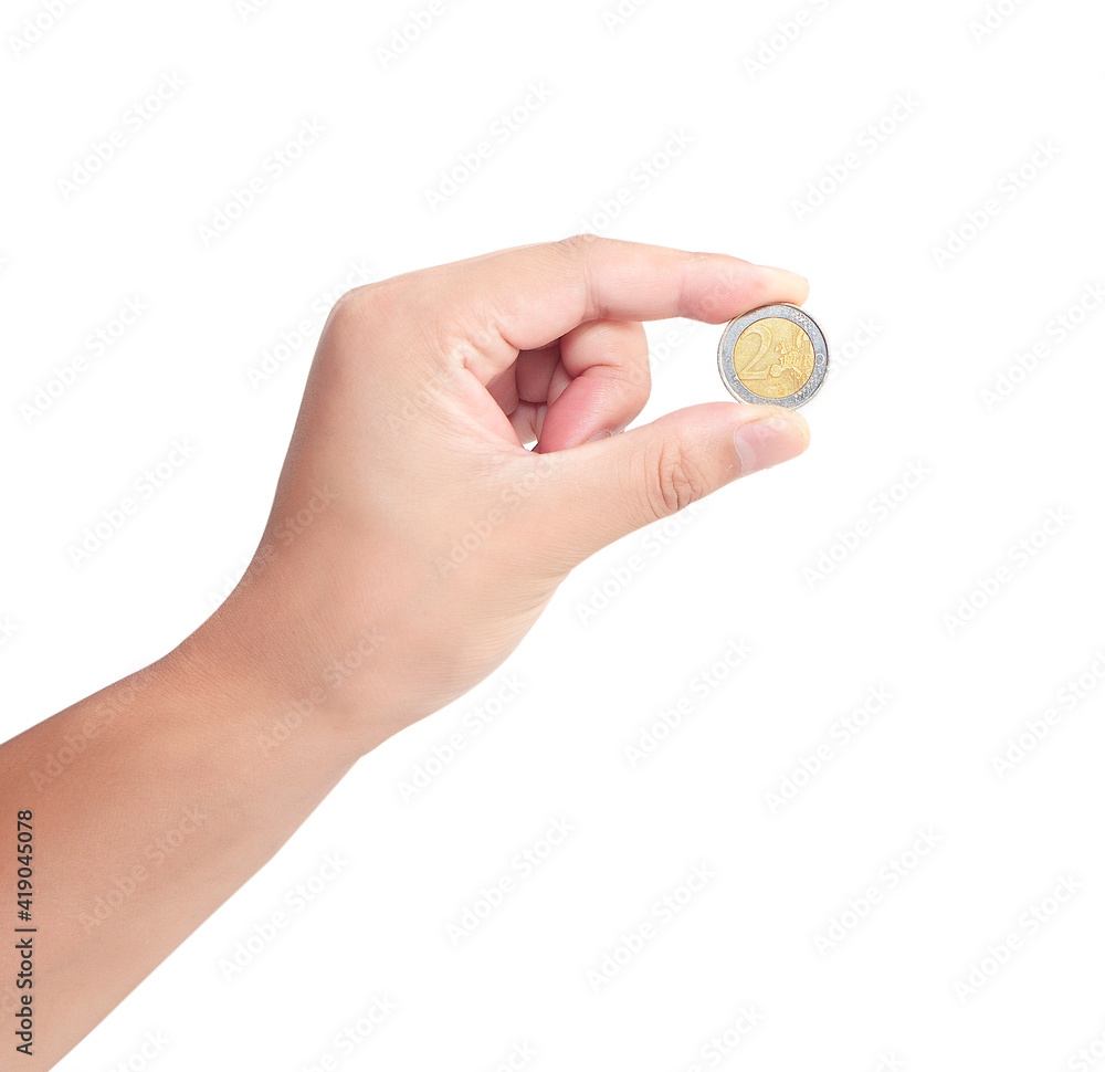 Business person hand holding one euro coin isolated on white Business person hand holding one euro coin isolated on white