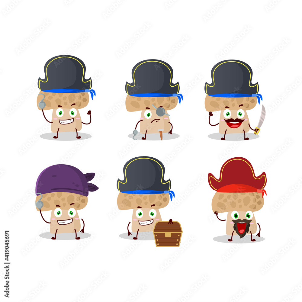 Cartoon character of morel with various pirates emoticons