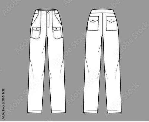 Bush pants Denim pants technical fashion illustration with normal waist, high rise, patch bellows cargo pockets. Flat bottom apparel template front back, white color style. Women men unisex CAD mockup