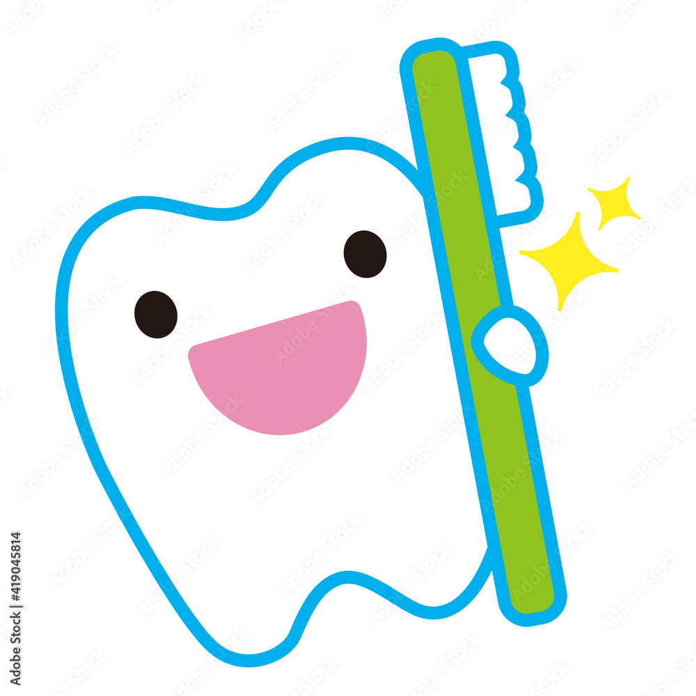 歯ブラシを持ってさわやか笑顔のかわいい歯のキャラクター Stock Vector Adobe Stock