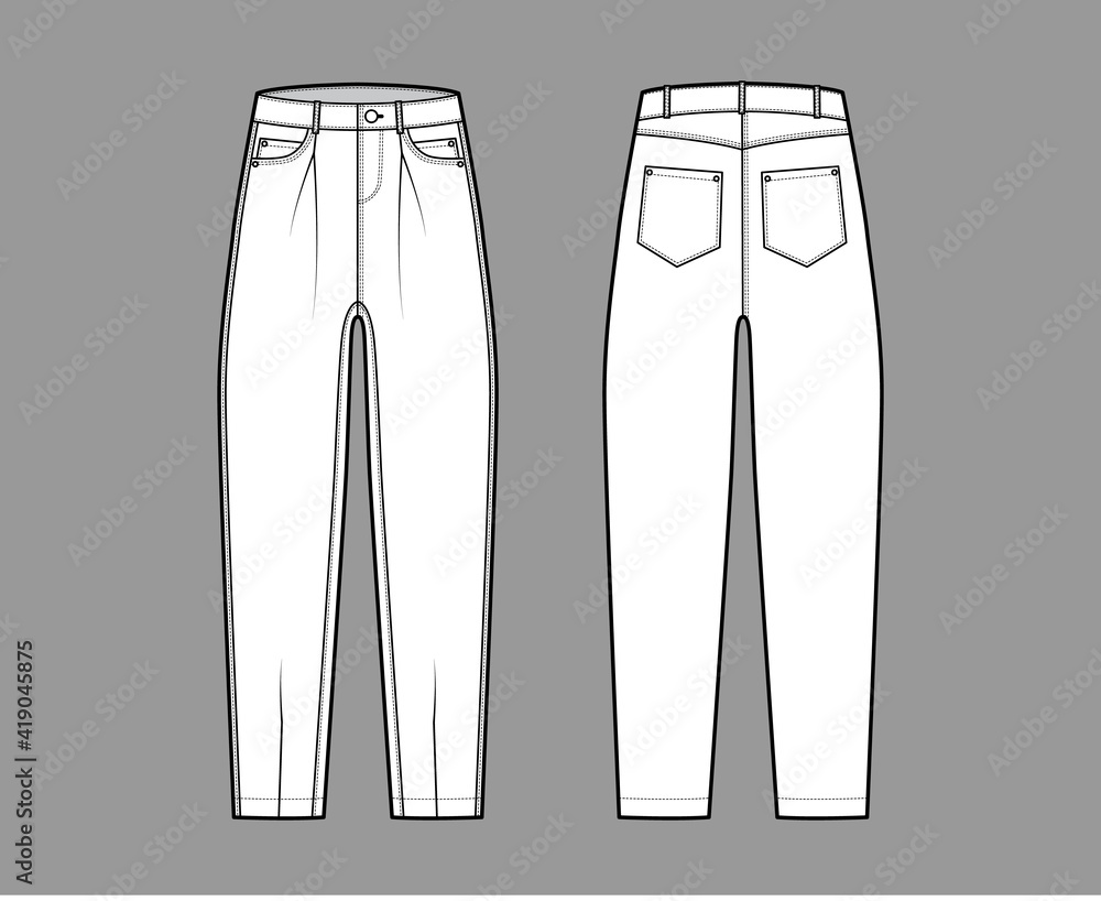 Slouchy Jeans Denim pants technical fashion illustration with full length, low waist, rise, 5 pockets, Rivets, oversized. Flat bottom template front back white color style. Women men unisex CAD mockup Slouchy Jeans Denim pants technical fashion illustration with full length, low waist, rise, 5 pockets, Rivets, oversized. Flat bottom template front back white color style. Women men unisex CAD mockup