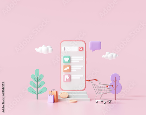 Shopping online application on smartphone, online mobile shopping and delivery for web page template. 3d render illustration