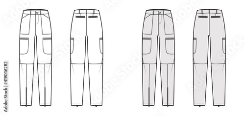 Set of Parachute pants technical fashion illustration with normal waist, rise, pockets, belt loops, full lengths. Flat bottom apparel front back, white, grey color style. Women, men, unisex CAD mockup