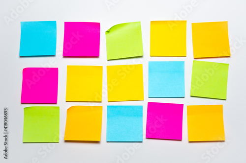 Set of colorful blank sticky notes background. Empty sticky notepad paper copy space collection stuck on wall