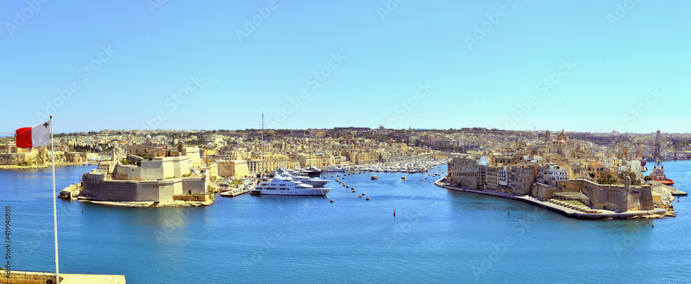 View from Barrakka Gardens across Grand Harbor in Valetta Malta
